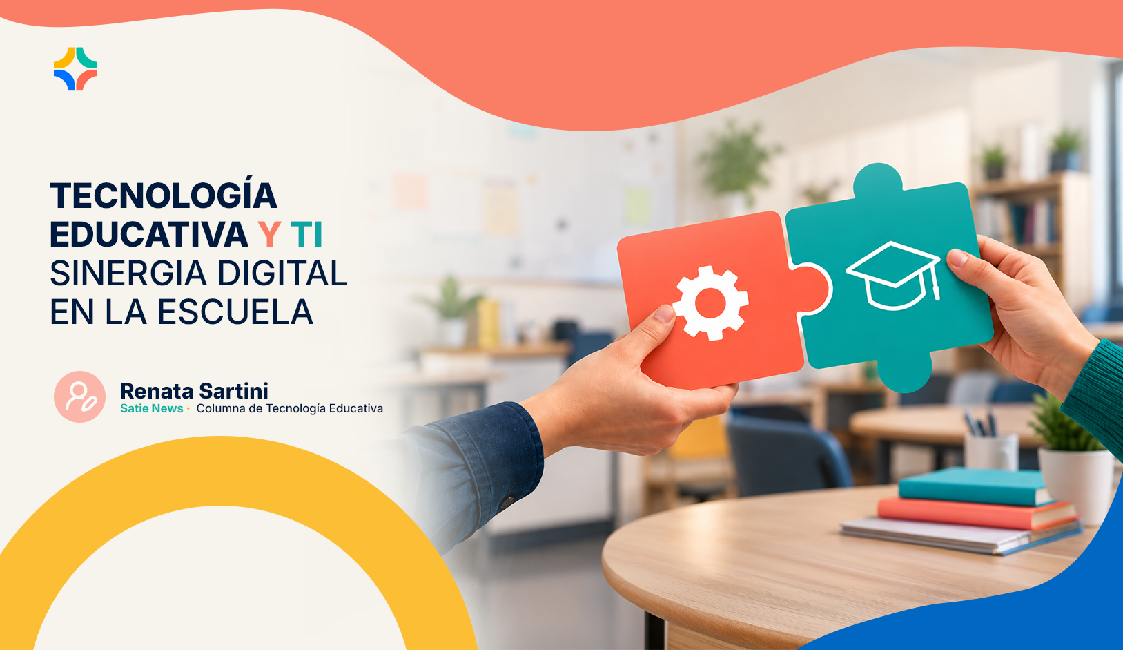 Arte de portada del artículo TE y TI - Sinergia Digital en la Escuela, con elementos de tecnología y educación