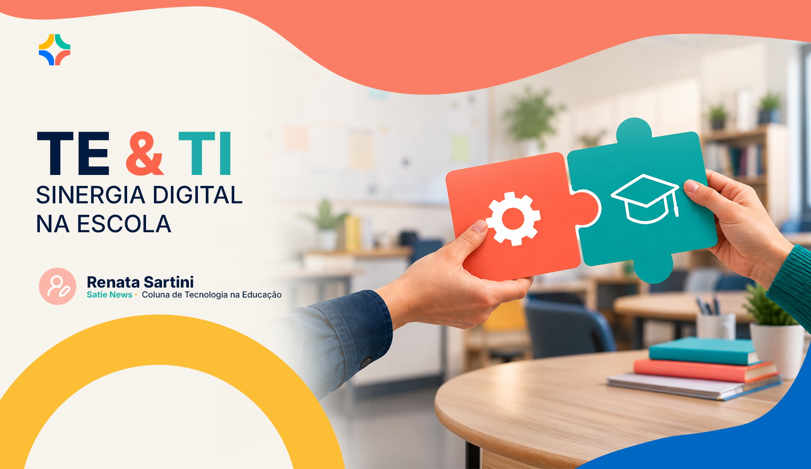 Arte de capa do artigo TE & TI - Sinergia Digital na Escola, com elementos de tecnologia e educação